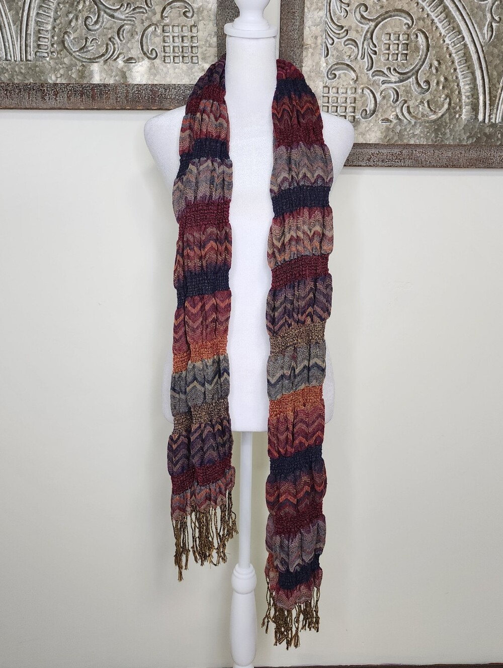 Multi-Color Chevron Fringe Knit Scarf Fall Vibes